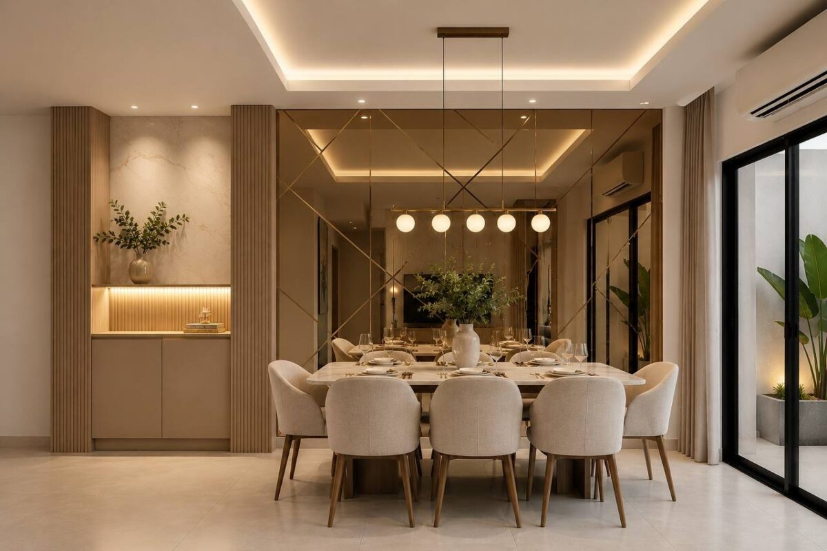 Comedor de lujo con pared completa de espejo bronce con líneas doradas geométricas, mesa de mármol beige, ocho sillas tapizadas en lino claro y lámpara lineal de globos opalinos