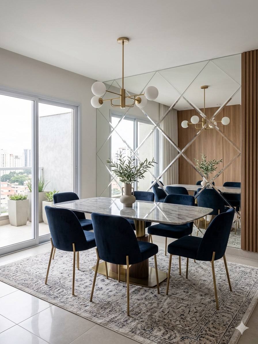 Comedor con pared de espejos en rombos biselados, mesa de mármol y sillas de terciopelo azul con patas doradas