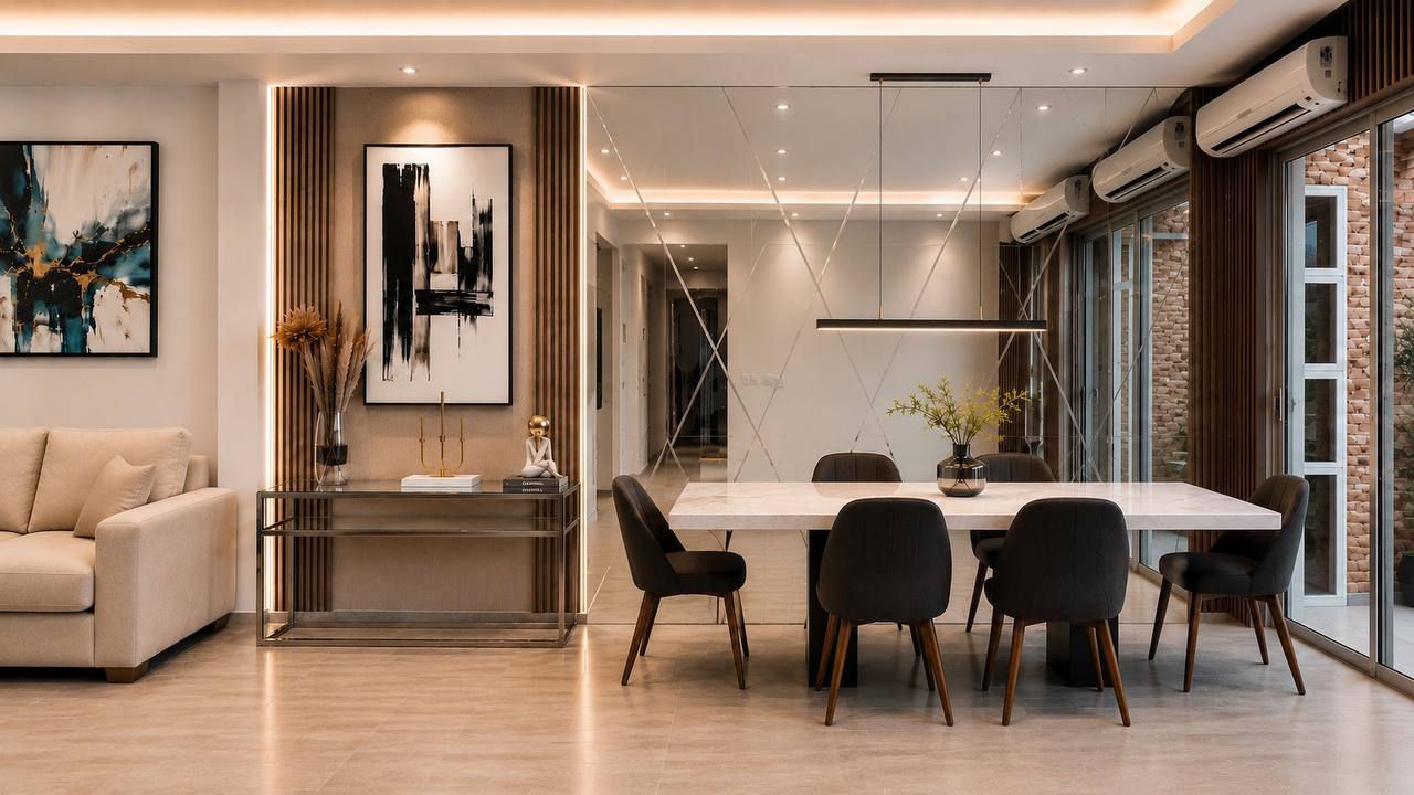 Sala comedor moderna con muro espejado con despiece en diagonal, mesa de mármol blanco y sillas negras