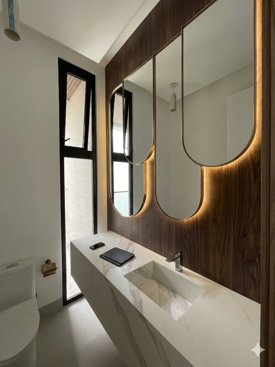 Medio baño con tres espejos alargados retroiluminados sobre panel de madera y mesón de mármol blanco
