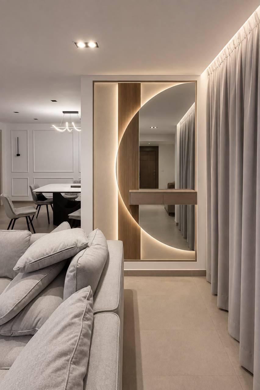 Pasillo de departamento con panel retroiluminado de listones de madera nogal y espejo de media luna con luz LED cálida, consola flotante integrada, cortinas grises, sofá beige con cojines y comedor al fondo