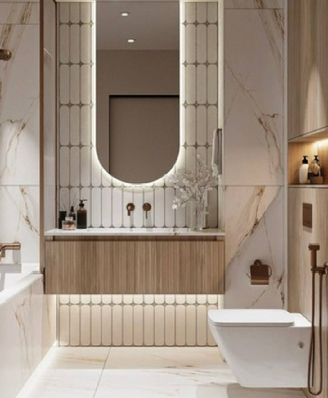 Espejo Cleopatra Under Espejo de arco con luz LED perimetral sobre mueble de lavamanos en baño de mármol - Espejo Cleopatra Under | Woodlass Ecuador