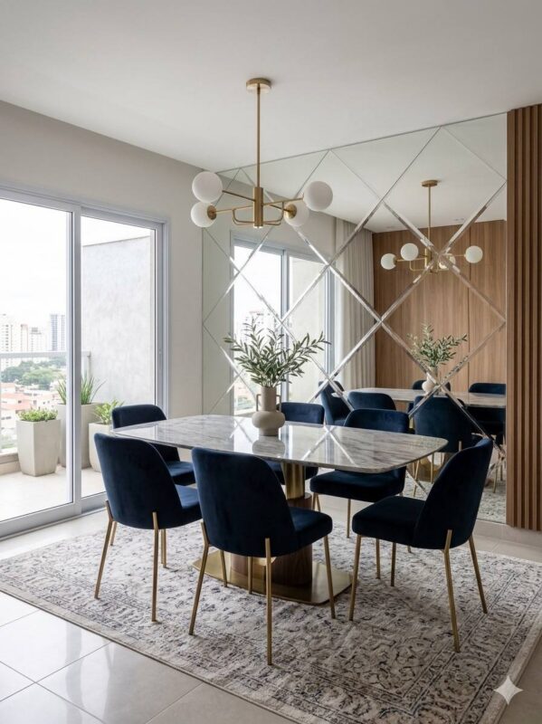Comedor moderno con pared revestida en espejos en formato rombo biselado - Revestimiento de Pared en Espejo Rombo Biselado | Woodlass Ecuador